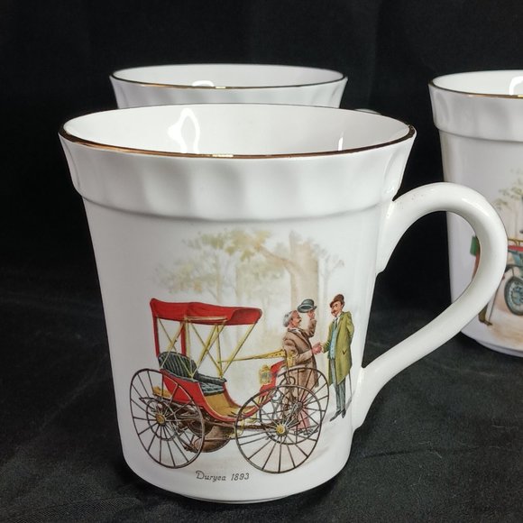 Staffordshire Tea Cups LOT of 4 with Antique Cars Victorian People and Gold Gild - Picture 3 of 15